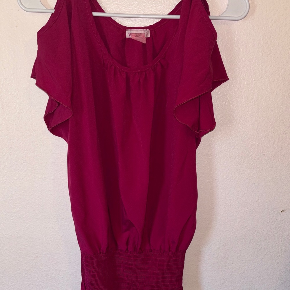 Woman’s Dark Pink Ruffle Hem Blouse With Sleeve Cut Outs, Size M
